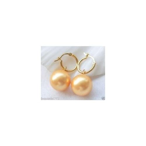 Lovely Fine 14mm Tahitian Yellow South Sea Shell Pearl Dangle Earring Good Plating sterling word watch wholesale pair