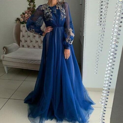 2021 Long Sleeves Appliques Evening Dresses A Line O Neck Saudi Arabia Formal Evening Party Gowns Robe De Soiree