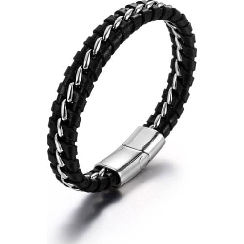 NANDESI Jewelry Stainless Steel Mens Wrap Braided Leather Bracelet Hand-Woven Curb Chain Bangle