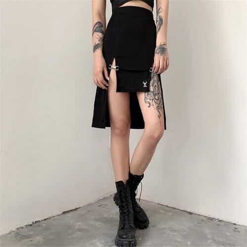 Gothic Women Irregular High Split Skirt Casual High Waist Letter Print Hem A-Line Skirt With Metal Clasps