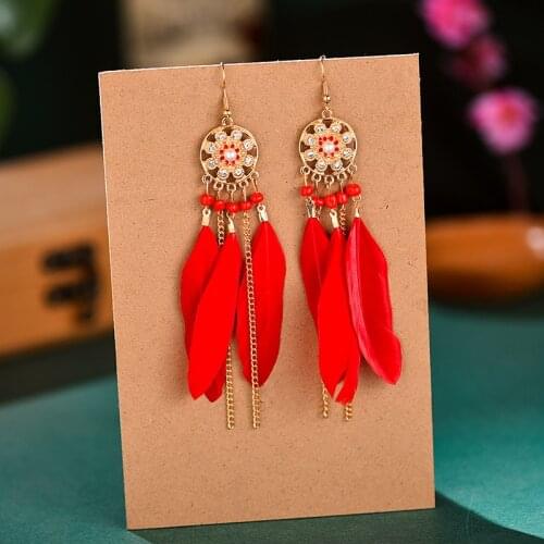 Boho Summer Long Red Feather Earrings for Women Vintage Silver Color Flower Beads Tassel Earings Fashion Jewelry Oorbellen