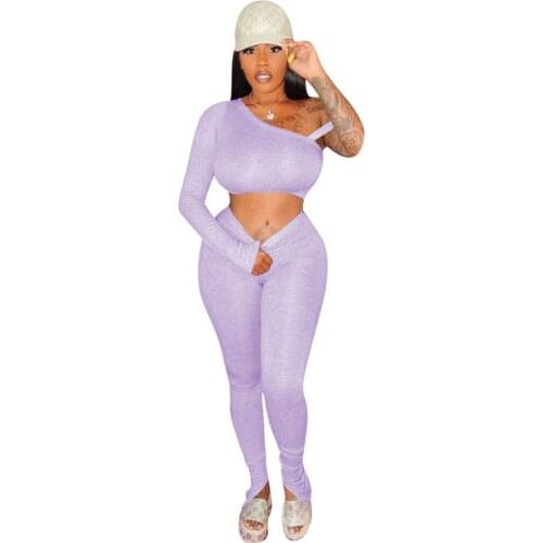 Sexy Knit Two Piece Set Matching Sets for Women Fall One Shoulder Crop Top and Split Hem Pants Leggings Sweat Suits Club Outfits
