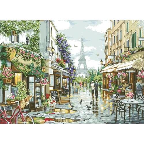 Gold Collection Counted Cross Stitch Kit Blooming Paris Eiffel Tower Flower Street Coffee Shop Luca-S_2365
