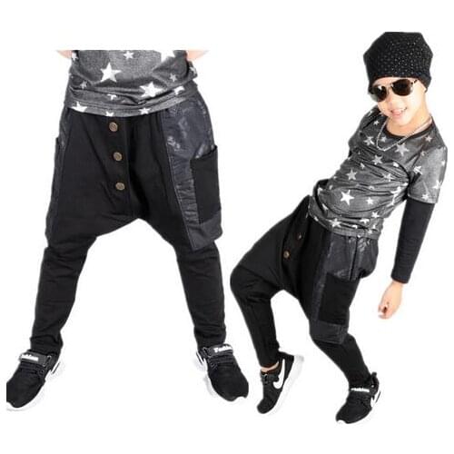 2018 Winter kids Costumes boys Fashion Trousers dance Black Loose big crotch Patchwork Button harem Hip hop Pencil pants