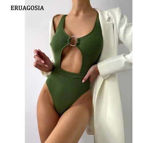 2021 Sexy Green Cut Out One Piece Swimsuit Women Swimwear Push Up Bathing Suit Female Monokini Ribbed Bodysuit Beachwear
