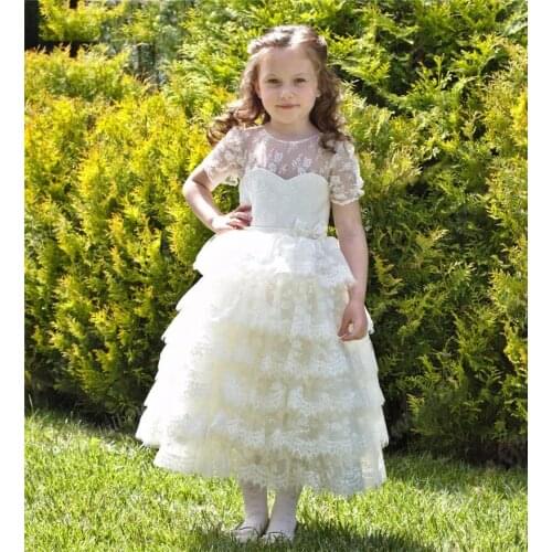 Amaya Ivory Layered Tulle Lace Flower Girl Dress for Wedding Short Sleeves Kids Pageant Holy Communion Party Gowns Vestidos