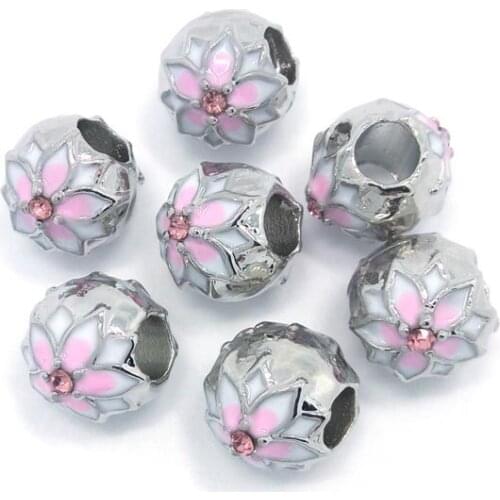 Free Shipping 20pcs 10mm Light Pink Oil-drip Big Hole Round Shape Flower Design Beads fit European Pandora Bracelet DIY