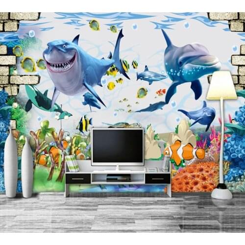 Free Shipping Underwater World Fantasy Shark Dolphin Background Custom 3d Living Room Decoration Wallpaper in ChildrenS Room