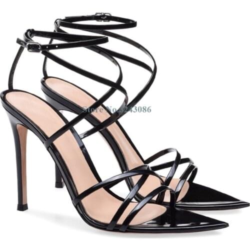 Pointed Toe Narrow Band Thin High Heel Sandals Black Silver Patent Leather Cross Tied Stiletto Heel Sandal Fashion Summer Shoes