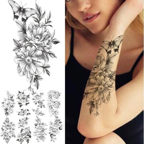 Black Peony Realistic Fake Tattoos For Women Female Prick Butterfly Rose Temporary Tattoo Sticker Waterproof Tattos Forearm Arm