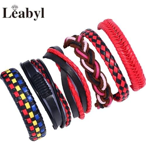 Classic Vintage Series Red Cow Leather Strap Retro Bracelet for Men Women Handmade DIY Braided Multi-layer Punk Vintage Bracelet