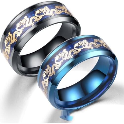 Fashion new Japanese and Korean titanium steel black blue carbon fiber shading double dragon ring ring unisex ring