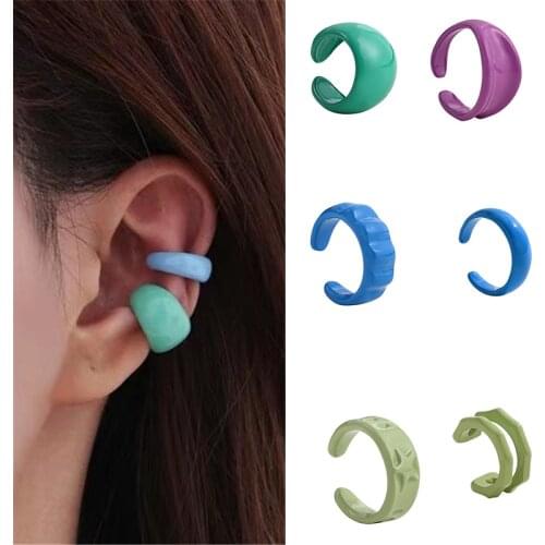 Korea Hand-painted Solid Color Metal Ear Cuff Clip on Earrings for Women No Pierced Fake Cartilage Earrings Earcuffs Jewelry