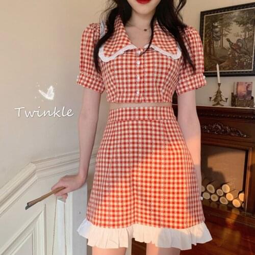 Korean Ulzzang Chic Sweet Summer 2 Piece Set Women Harajuku Plaid Crop Top Short Shirt Mini Skirt Set Slim Ins Two Piece Suits