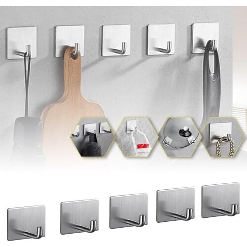5pcs Self-Adhesive Hooks Wall-Mounted Stainless Steel Hook Hanger for Bathroom Kitchen