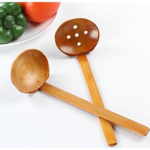 Kitchen Tableware Japanese Style ramen Long Handle Large Wood soup ladle Spoon colander 2pc/lot