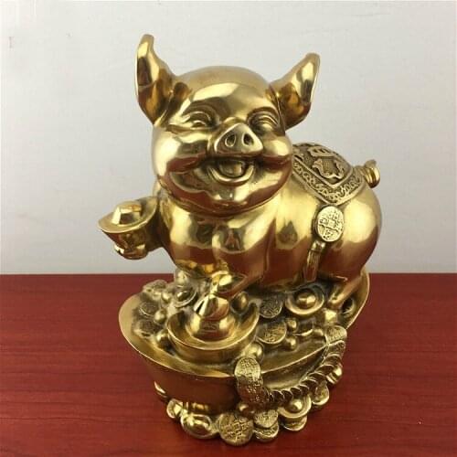 2021 GOOD LUCK HOME Shop Business Money Drawing Good luck Propitious Yuanbao Fortune pig FENG SHUI BRASS Sculpture Statue