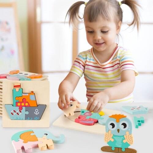 Cartoon Animal 3D Wooden Puzzle Baby Montessori Toys Toddlers Educational Wooden Jigsaw Puzzle Set For 1 2 3 Year Old Boys Girls