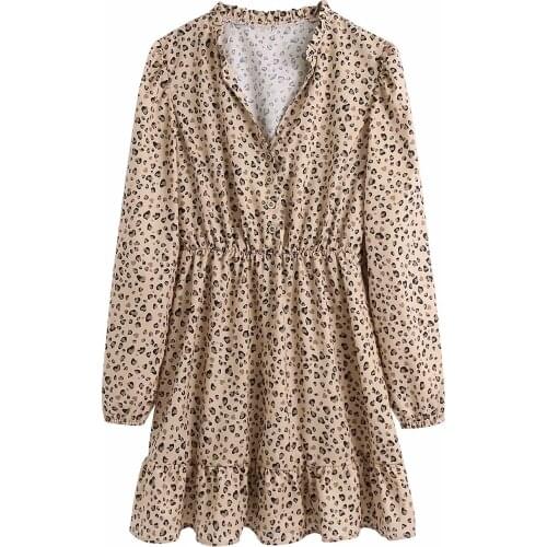 New Pop Women Dress Leopard Printed Short Mini dress Long Sleeves Chic Lady Vogue Vintage Casual Woman Dresses