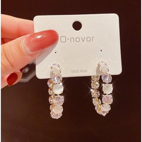 New Korean Fashion Luxury Zircon Opal Gold Color Hoop Earrings For Women Geometric Simple Circle Pendant Open Earrings Jewelry