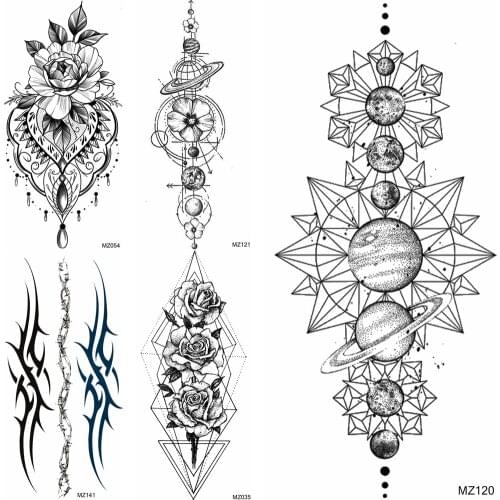 Sexy Realistic Star Temporary Tattoos For Women Girls Body Art Black Small Rose Waterproof Geometric Planets Fake Tattoo Sticker