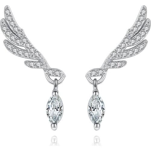S925 Silver Earring Angel Wing with Eye Crystal Stud Earring For Women Wedding Gift Lady Girl Fashion Zircon Jewelry