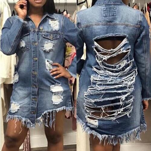 Fashion Denim Oversized Outwear Ripped Detail Boyfriend Denim Jacket Korea retro washing bomber Blue Ripped Coat Female