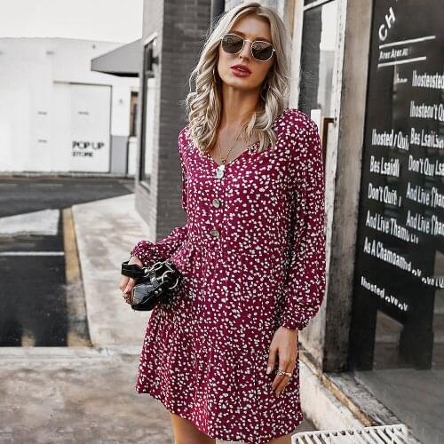 Ladies Clothing Red Wine V-neck Print Button Dress Fashion New Slim Female Long Sleeve Sexy Mini Casual Dresses Female Vestido