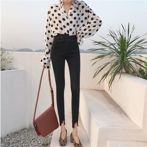 Real shot 2020 new fashion high waist stretch jeans womens wild asymmetric high and low waist nine points pencil pants