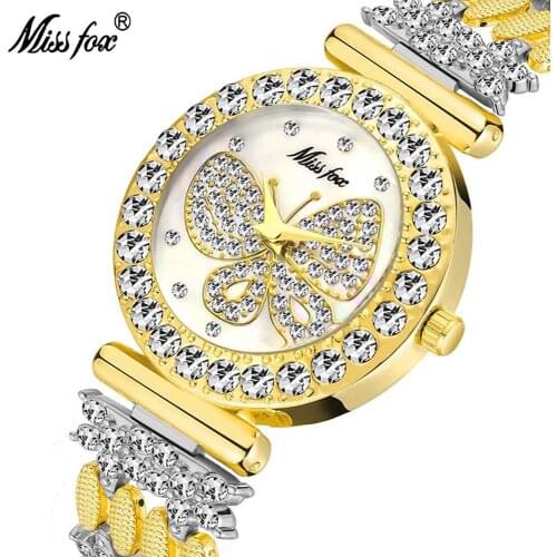 MISSFOX Butterfly Women Watches Luxury Full Rhinestones Dial Waterproof Stainless Steel Bracelet Ladies WristWatch 2030