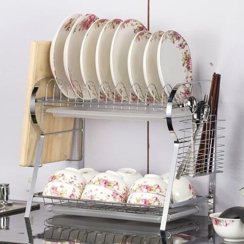 R-Shaped 2 Tier Drainer Drying For Dishes Chrome Stainless Stand For Dishes Dishwashers Storage Shelf Kitchen Organizer