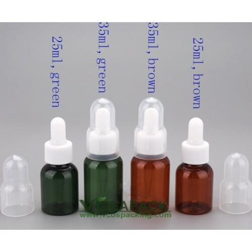 50pcs 35ml brown and green plastic Essential oil bottle with white droppers transparent covers/ Fragrance packaging bottle