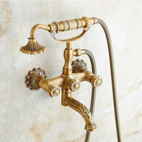 Antique Brass Carved Art Wall Mounted Bathroom Tub Faucet Dual Handles Telephone Style Hand Shower Clawfoot Tub Filler atf750