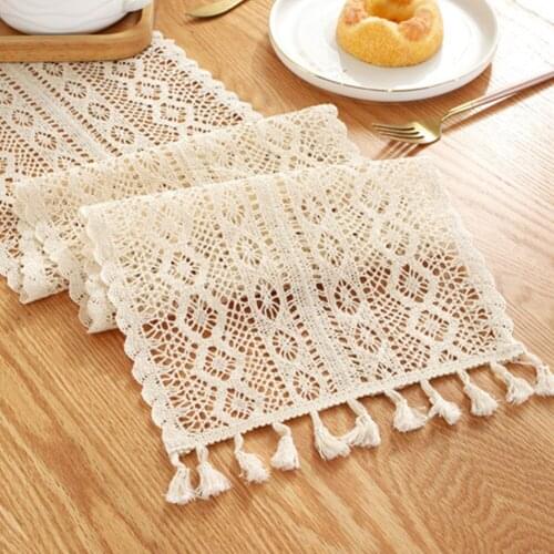 Beige Crochet Lace Table Runner With Tassel Cotton Wedding Decor Hollow Tablecloth Nordic Romance Table Cover Coffee Bed Runners