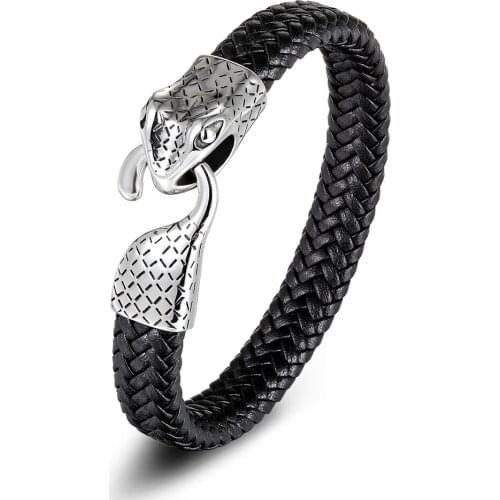 Genuine Leather Bracelet & Bangle Snake Head Accessories with Stainless Steel for Blessing Men Bracelet Lucky Jewelry