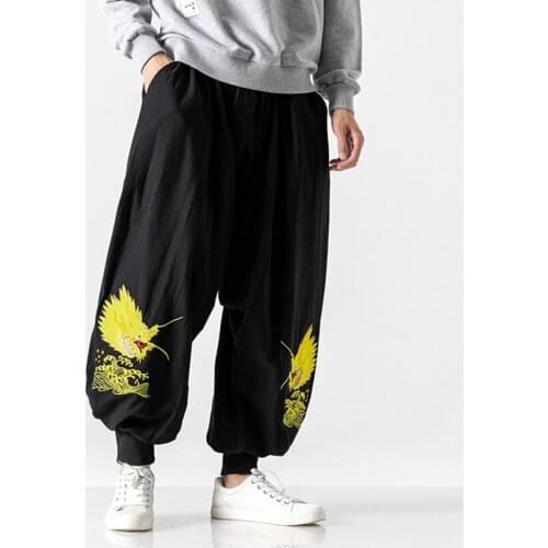 Black Men Chinese Style Embroidery Harem Pants Mens 2020 Loose Trousers Male Loose Oversize Cotton Linen Pants Bottoms TA1865