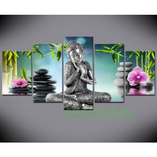 5 Pieces Buddha Canvas Wall Art Painting For Bed Room Decor Modern Buddha orchid Bamboo Water Print Picture No Frame