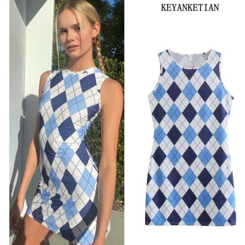 KEYANKETIAN Geometric Print Skinny Stretch Dress Ladies Summer Slim Sexy Sleeveless Beach Mini Dress Party