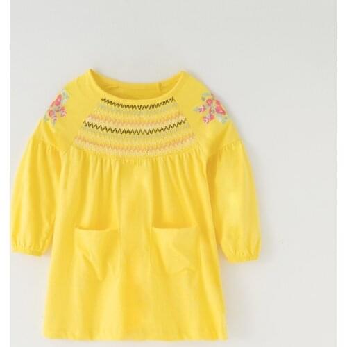 Little Maven Spring Autumn New Full-Sleeved Yellow Smocking Embroidery Floral O-neck 1-6yrs Knitted Cotton Girls Dresses