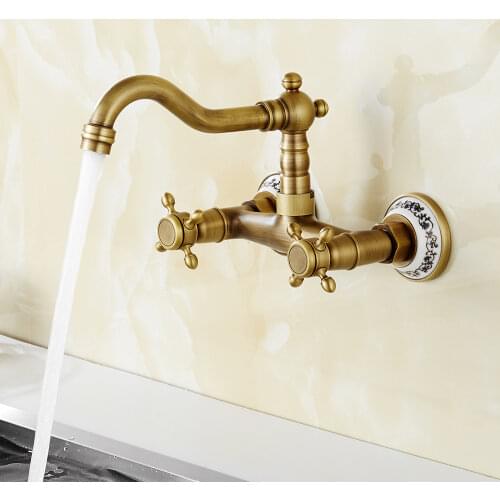 Wall Mounted Mixer Tap Hot And Cold Water Mixer Tap Antique Brass Kitchen Faucet Double Holes Rotatable Kitchen Sink Mixer Tap
