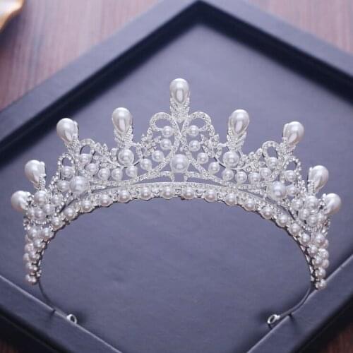 KMVEXO Gorgeous Wedding Tiara Simulated Pearls Jewelry Diadem Shiny Bridal Crown Queen Tiaras Rhinestones Crystal Hair jewelry