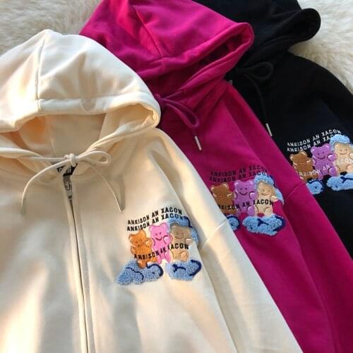 Vintage Clouds Bears Embroidery Zip Up Hoodie Casual Sweatshirt Coats Kawaii Teens Clothes 2021 New Harajuku Hip Hop Streetwear