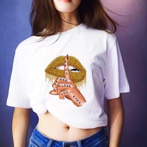 2021 Summer Fashion Cool Lips Leopard Graphic T-shirt Womens Korean White Round Neck Kiss Funny Girl T-shirt Female Tee Tops