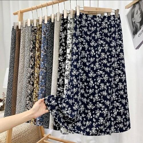 2021 New Summer Fashion High Waist Midi Skirt Sweet Floral Vintage Chiffon Beach Skirts Womens Korean A-line Pleated Skirt