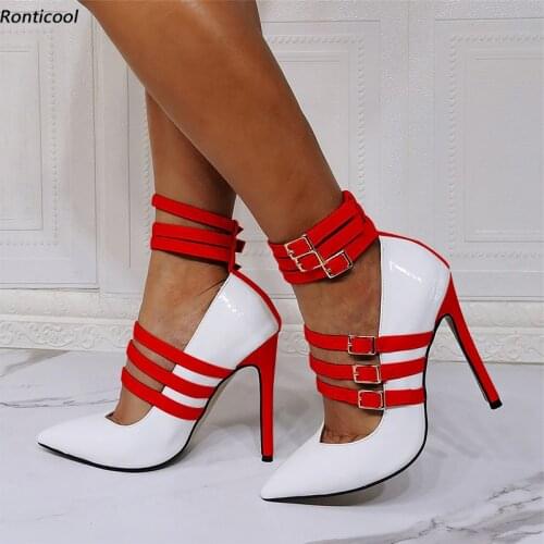 Ronticool Handmade Women Ankle Strap Pumps Sexy Studs Stiletto Heel Pointed Toe Gorgeous 10 Colors Club Shoes US Plus Size 5-15