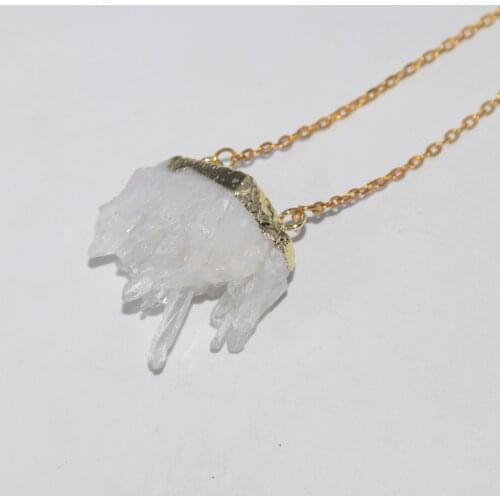 Raw Natural Crystal Quartz chain necklace femme 2019 White Cluster Gold Bezel Geode druzy stone connector necklace for women