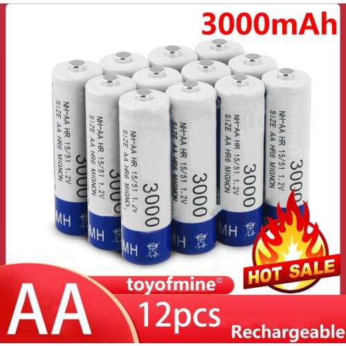 12pcs AA NI-MH 3000mAh 1.2V battery batteries Bulk Nickel Hydride Rechargeable