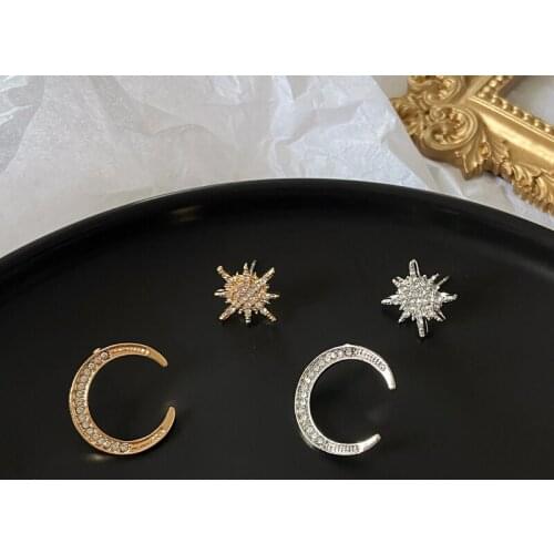 2021 New Style Cute Small Moon and Star Stud Earrings Rhinestone Asymmetric Earrings Birthday Gift Fashion Jewelry