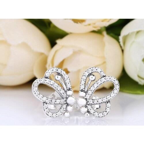 Free Shipping Authentic 925 Sterling Silver Sparkling Openwork Butterfly Stud Earrings For Women DIY Jewelry S925 Earring