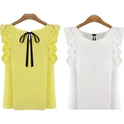 Women Blouse Tops Summer Fashion Lotus Leaf O-Neck Casual Shirt Ladies Bow Tie Chiffon Blouse White Tops 2018 New Womens Shirt